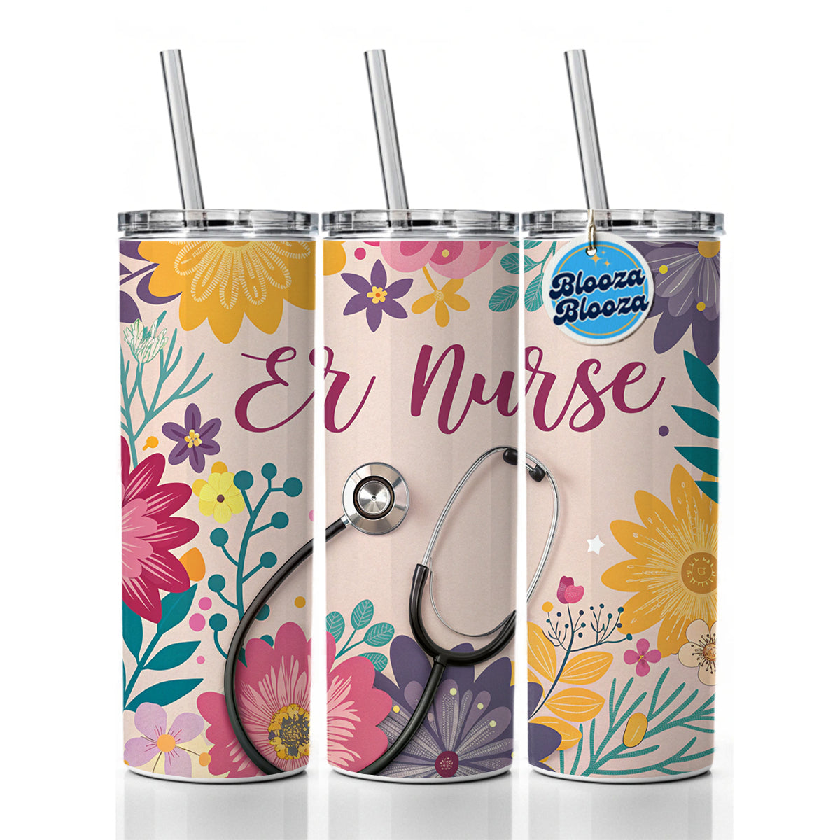 ER Emergency Room Nurse Appreciation Stethoscope Flowers Skinny Tumbler 20oz with Straw Insulated Water Bottle Gift