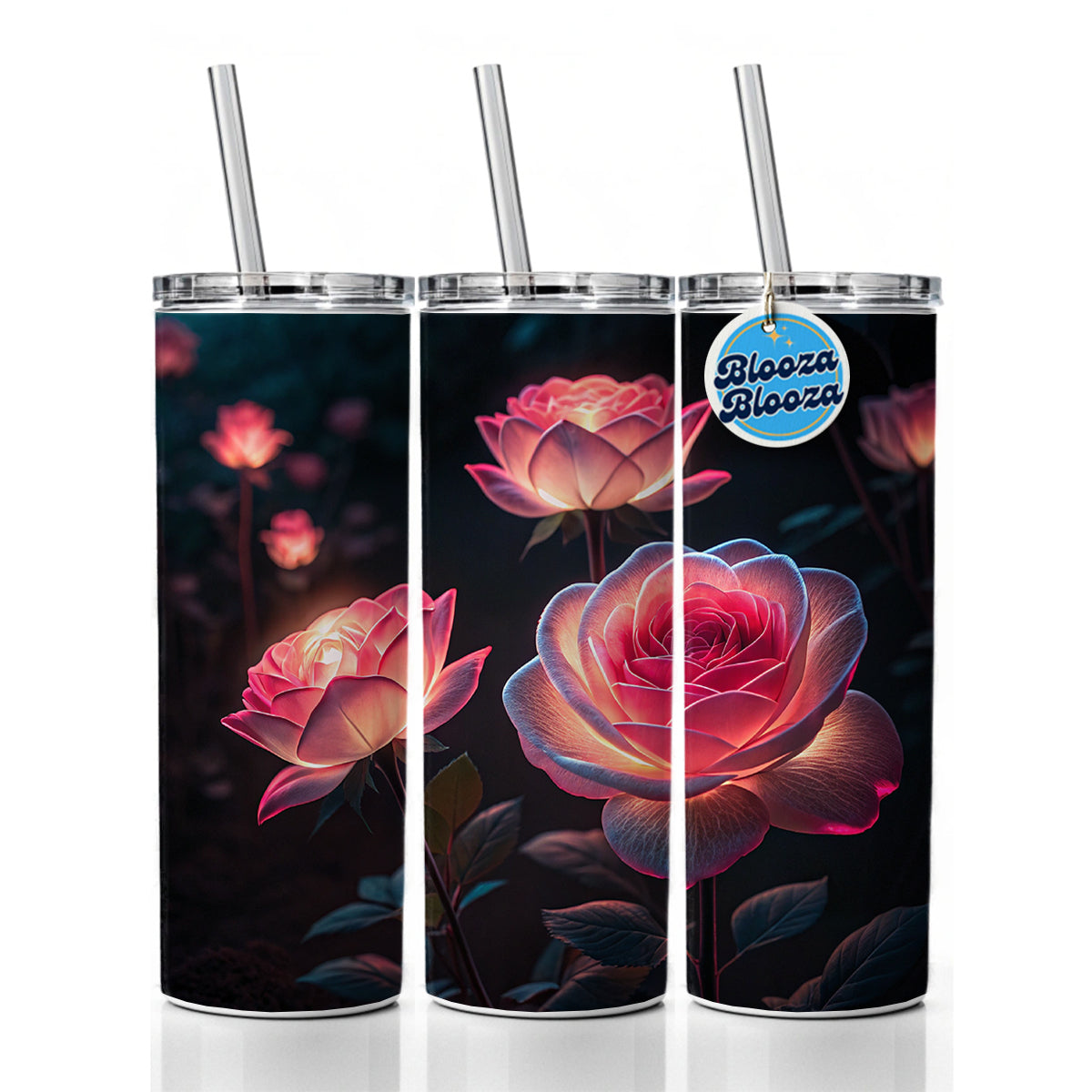 Glowing Pink Roses Beautiful Flowers Skinny Tumbler 20oz with Straw Insulated Water Bottle Gift