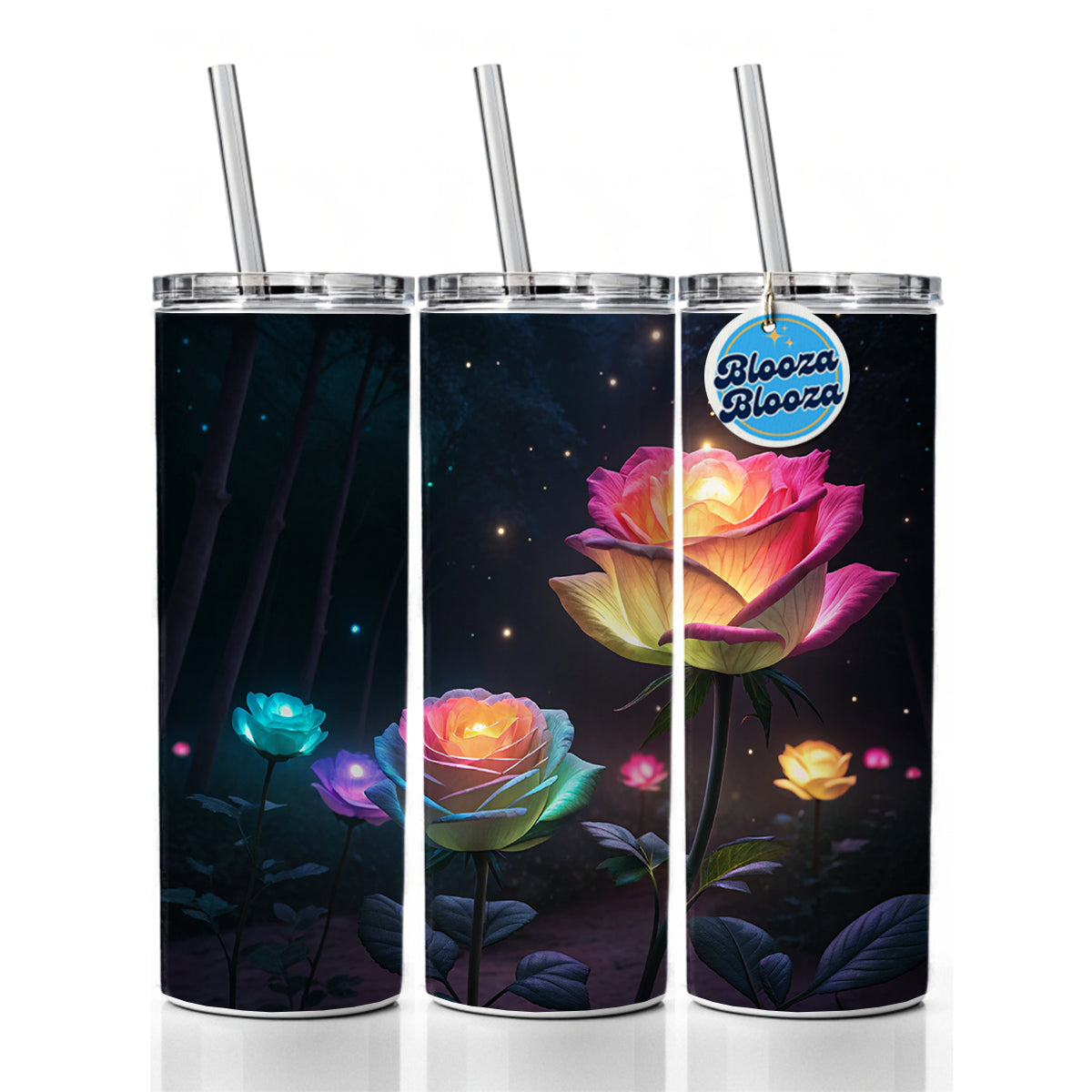 Glowing Roses Beautiful Flowers Skinny Tumbler 20oz with Straw Insulated Water Bottle Gift