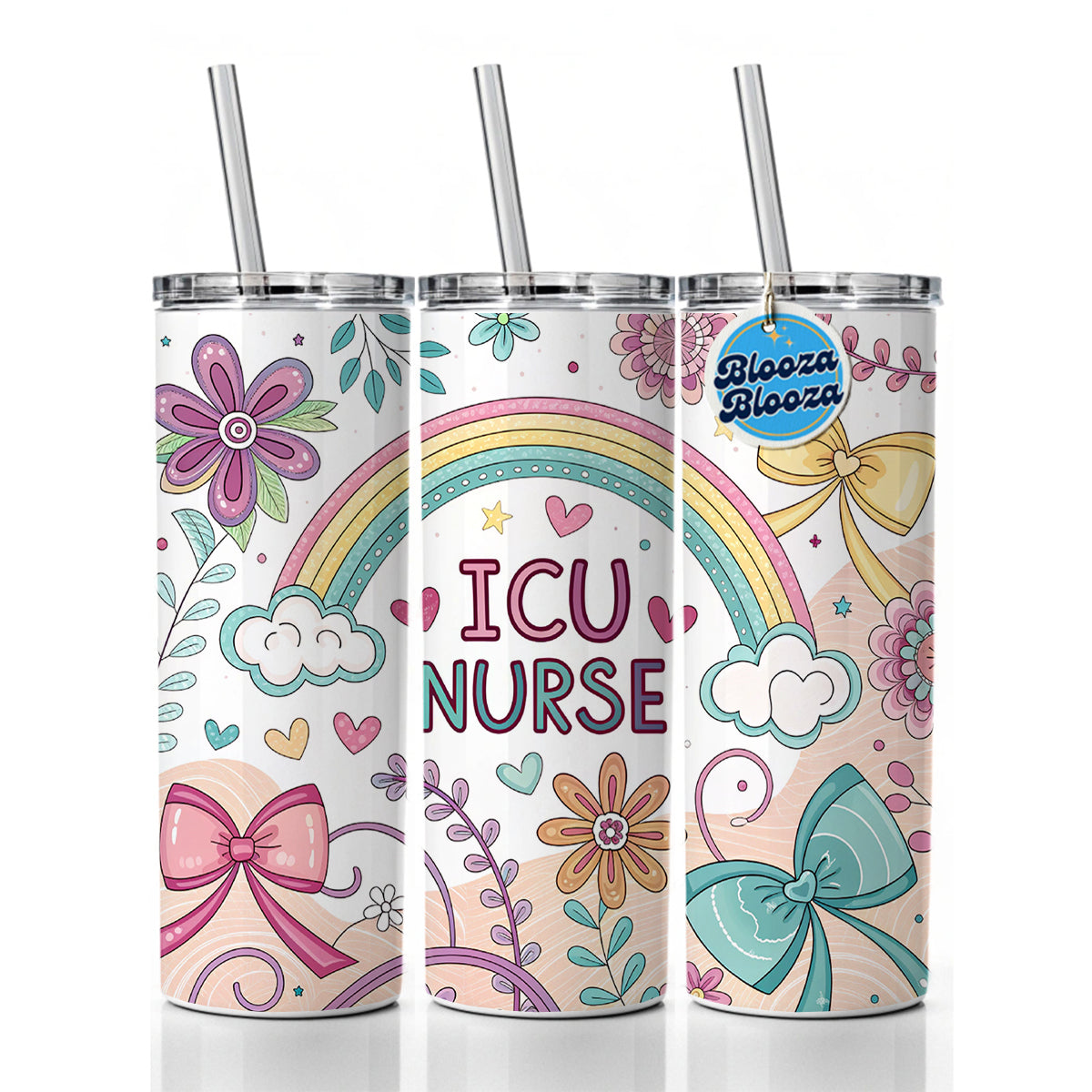 ICU Nurse Appreciation Coquette Bows Flowers Skinny Tumbler 20oz with Straw Insulated Water Bottle Gift