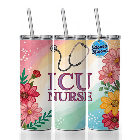 ICU Nurse Appreciation Stethoscope Flowers Floral Skinny Tumbler 20oz with Straw Insulated Water Bottle Gift
