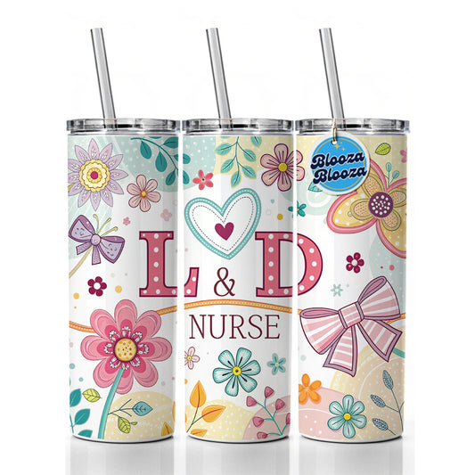 L & D Labor And Delivery Nurse Appreciation Coquette Bows Flowers Skinny Tumbler 20oz with Straw Insulated Water Bottle Gift