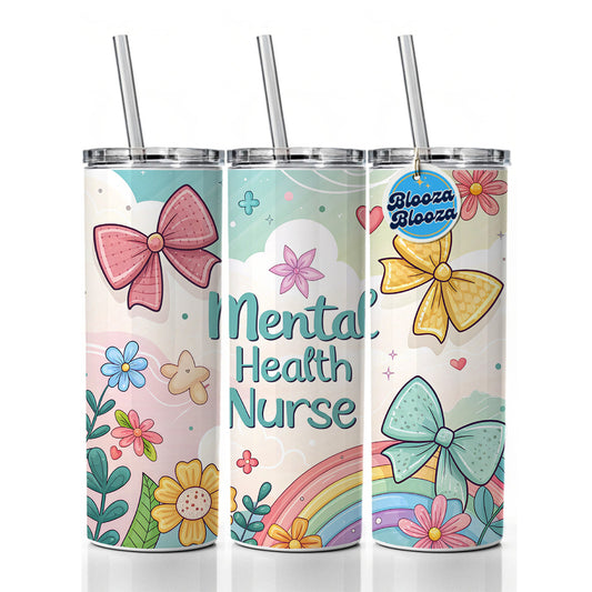 Mental Health Nurse Appreciation Coquette Bows Flowers Skinny Tumbler 20oz with Straw Insulated Water Bottle Gift
