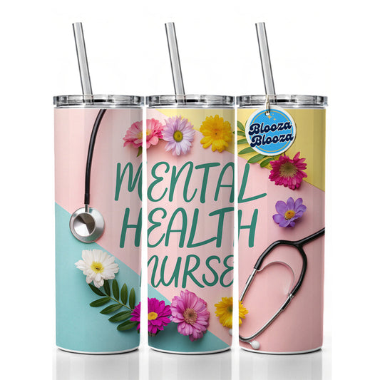 Mental Health Nurse Appreciation Stethoscope Flowers Skinny Tumbler 20oz with Straw Insulated Water Bottle Gift