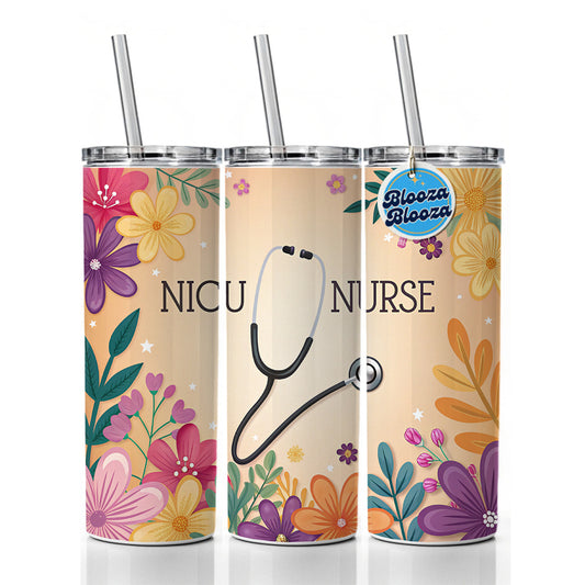 NICU Neonatal Nurse Appreciation Stethoscope Flowers Skinny Tumbler 20oz with Straw Insulated Water Bottle Gift