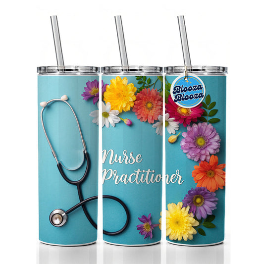 Nurse Practitioner Appreciation Stethoscope Flowers Skinny Tumbler 20oz with Straw Insulated Water Bottle Gift