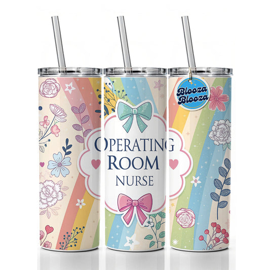 Operating Room Nurse Appreciation Coquette Bows Flowers Skinny Tumbler 20oz with Straw Insulated Water Bottle Gift
