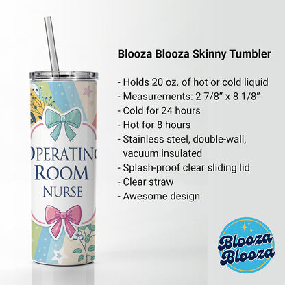 Operating Room Nurse Appreciation Coquette Bows Flowers Skinny Tumbler 20oz with Straw Insulated Water Bottle Gift