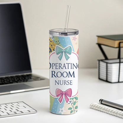 Operating Room Nurse Appreciation Coquette Bows Flowers Skinny Tumbler 20oz with Straw Insulated Water Bottle Gift