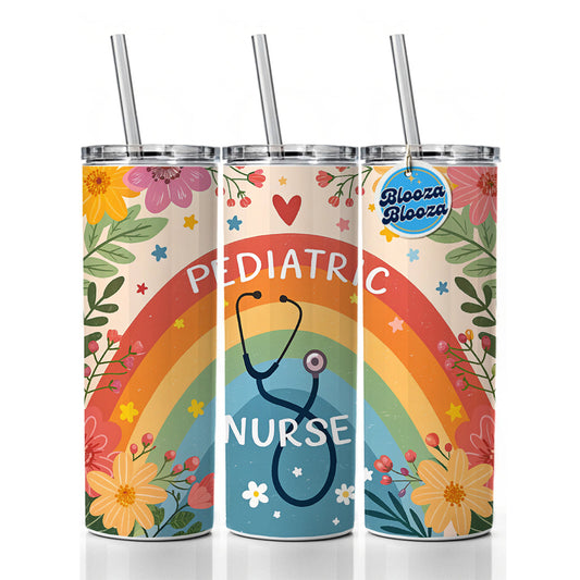 Pediatric Nurse Appreciation Stethoscope Flowers Skinny Tumbler 20oz with Straw Insulated Water Bottle Gift