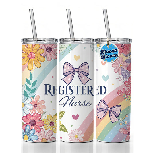 Registered Nurse RN Appreciation Coquette Bows Flowers Floral Skinny Tumbler 20oz with Straw Insulated Water Bottle Gift
