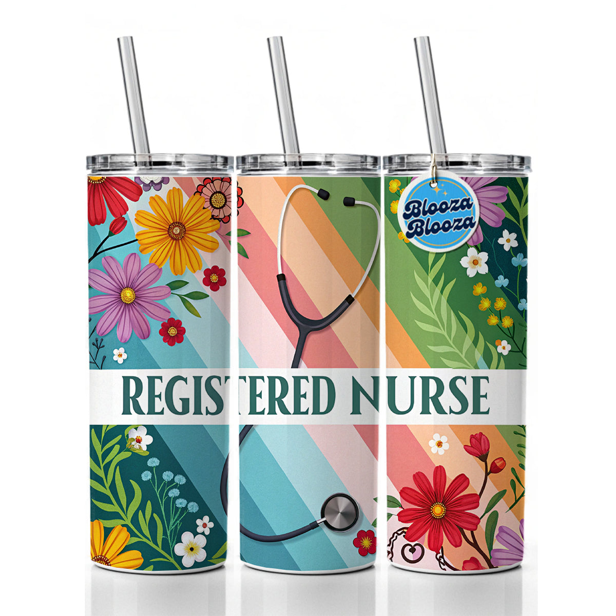 Registered Nurse RN Appreciation Stethoscope Colorful Flowers Skinny Tumbler 20oz with Straw Insulated Water Bottle Gift