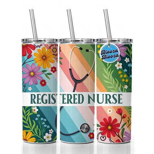 Registered Nurse RN Appreciation Stethoscope Colorful Flowers Skinny Tumbler 20oz with Straw Insulated Water Bottle Gift