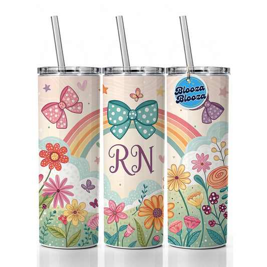 RN Registered Nurse Appreciation Coquette Bows Flowers Skinny Tumbler 20oz with Straw Insulated Water Bottle Gift