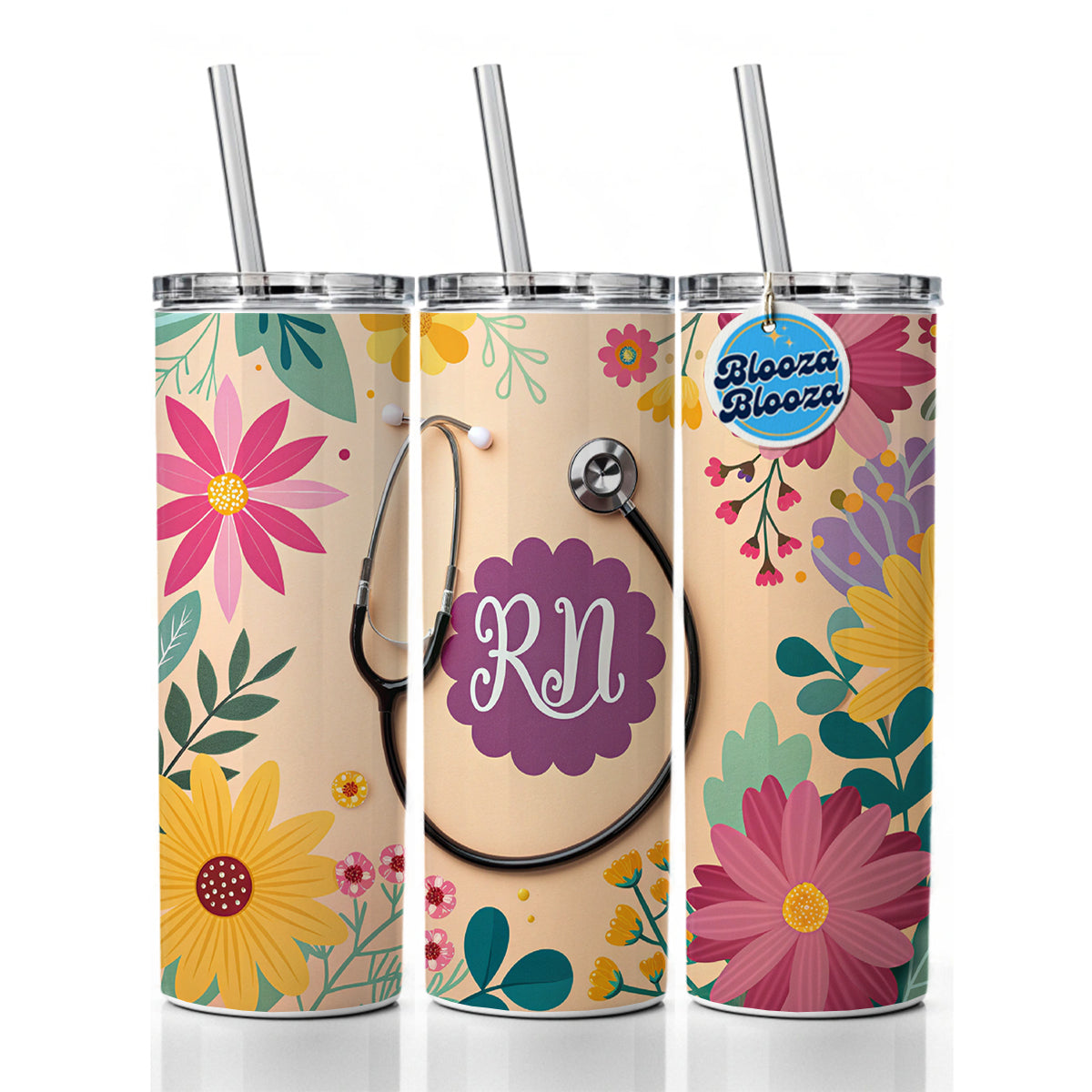 RN Registered Nurse Appreciation Stethoscope Flowers Skinny Tumbler 20oz with Straw Insulated Water Bottle Gift
