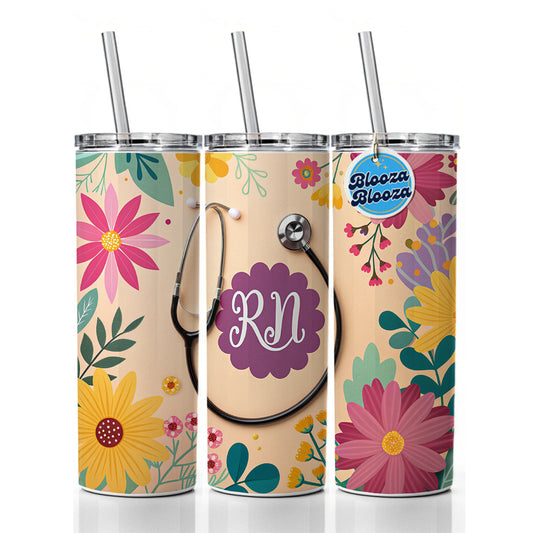 RN Registered Nurse Appreciation Stethoscope Flowers Skinny Tumbler 20oz with Straw Insulated Water Bottle Gift