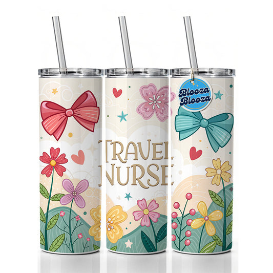 Travel Nurse Appreciation Coquette Bows Flowers Skinny Tumbler 20oz with Straw Insulated Water Bottle Gift