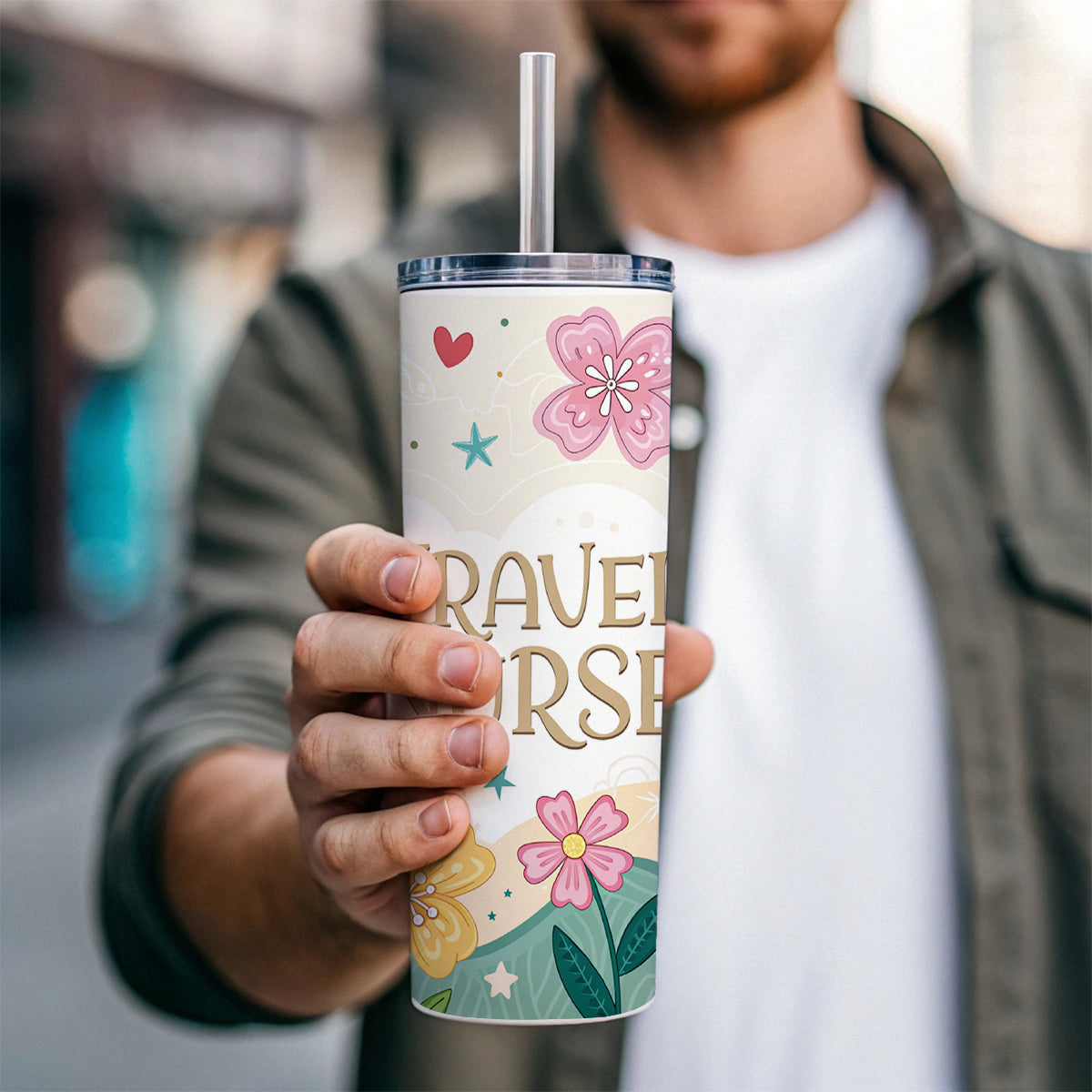 Travel Nurse Appreciation Coquette Bows Flowers Skinny Tumbler 20oz with Straw Insulated Water Bottle Gift