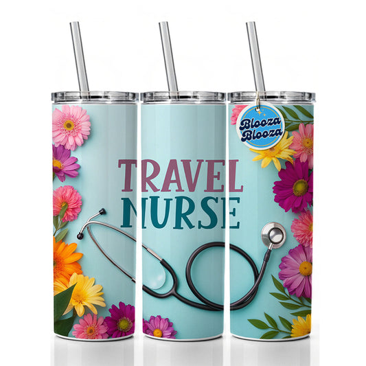 Travel Nurse Appreciation Stethoscope Flowers Skinny Tumbler 20oz with Straw Insulated Water Bottle Gift