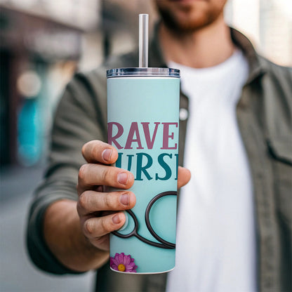 Travel Nurse Appreciation Stethoscope Flowers Skinny Tumbler 20oz with Straw Insulated Water Bottle Gift