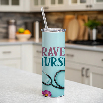 Travel Nurse Appreciation Stethoscope Flowers Skinny Tumbler 20oz with Straw Insulated Water Bottle Gift