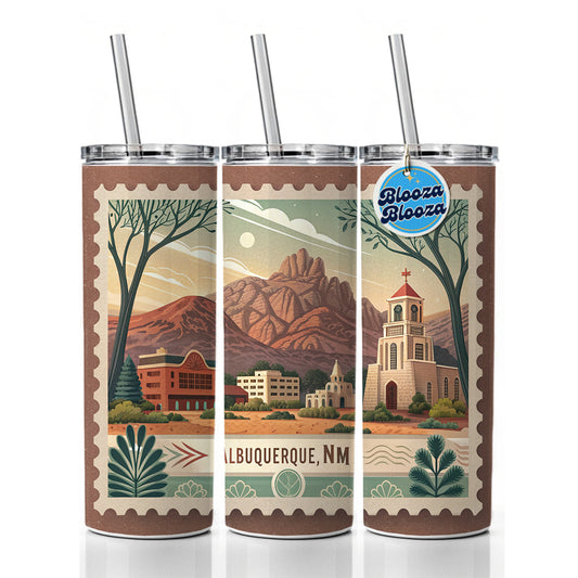 Albuquerque, New Mexico NM Travel City State Stamp Skinny Tumbler 20oz with Straw Insulated Water Bottle Gift
