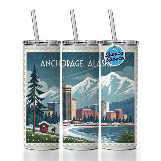 Anchorage, Alaska AK Travel City State Stamp Skinny Tumbler 20oz with Straw Insulated Water Bottle Gift