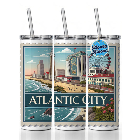 Atlantic City, New Jersey NJ Travel City State Stamp Skinny Tumbler 20oz with Straw Insulated Water Bottle Gift
