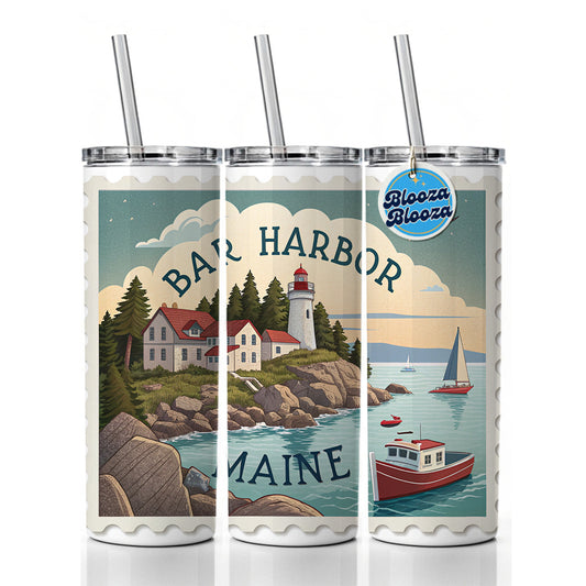 Bar Harbor, Maine ME Travel City State Stamp Skinny Tumbler 20oz with Straw Insulated Water Bottle Gift