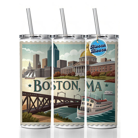 Boston, Massachusetts MA Travel City State Stamp Skinny Tumbler 20oz with Straw Insulated Water Bottle Gift