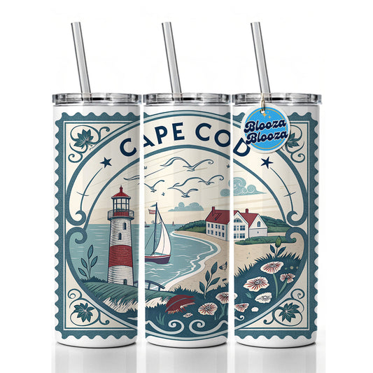 Cape Cod, Massachusetts MA Travel City State Stamp Skinny Tumbler 20oz with Straw Insulated Water Bottle Gift