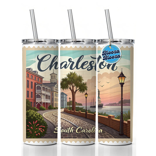 Charleston, South Carolina SC Travel City State Stamp Skinny Tumbler 20oz with Straw Insulated Water Bottle Gift
