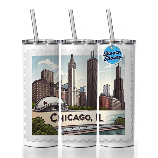 Chicago, Illinois IL Travel City State Stamp Skinny Tumbler 20oz with Straw Insulated Water Bottle Gift