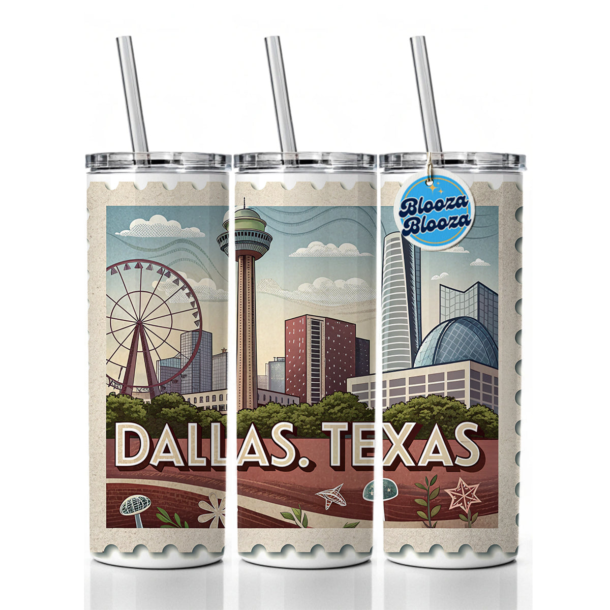 Dallas, Texas TX Travel City State Stamp Skinny Tumbler 20oz with Straw Insulated Water Bottle Gift