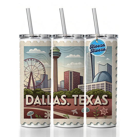 Dallas, Texas TX Travel City State Stamp Skinny Tumbler 20oz with Straw Insulated Water Bottle Gift