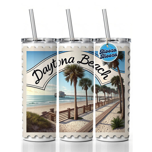 Daytona Beach, Florida FL Travel City State Stamp Skinny Tumbler 20oz with Straw Insulated Water Bottle Gift