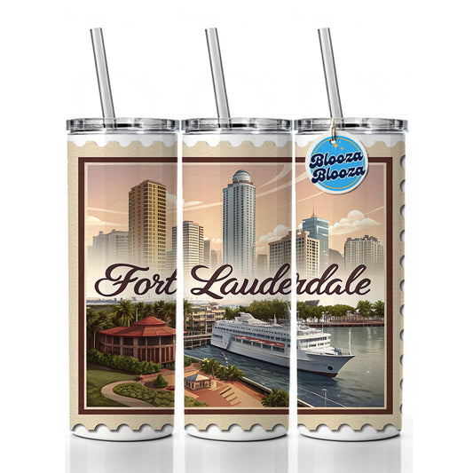Fort Lauderdale, Florida FL Travel City State Stamp Skinny Tumbler 20oz with Straw Insulated Water Bottle Gift