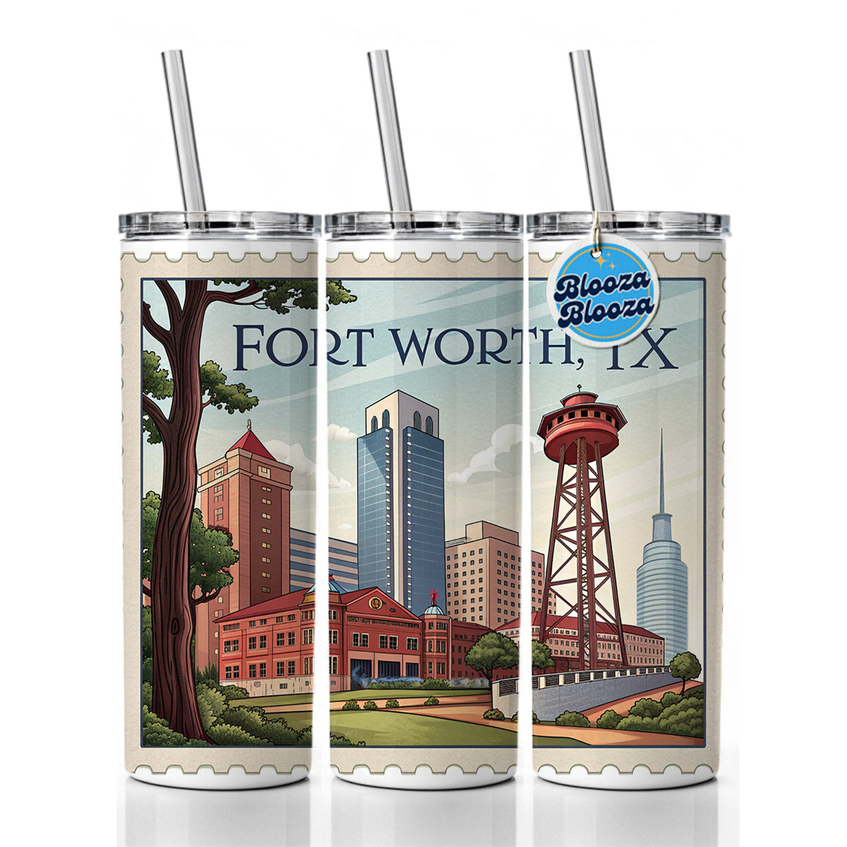 Fort Worth, Texas TX Travel City State Stamp Skinny Tumbler 20oz with Straw Insulated Water Bottle Gift