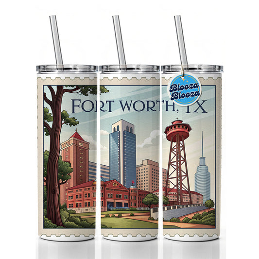 Fort Worth, Texas TX Travel City State Stamp Skinny Tumbler 20oz with Straw Insulated Water Bottle Gift