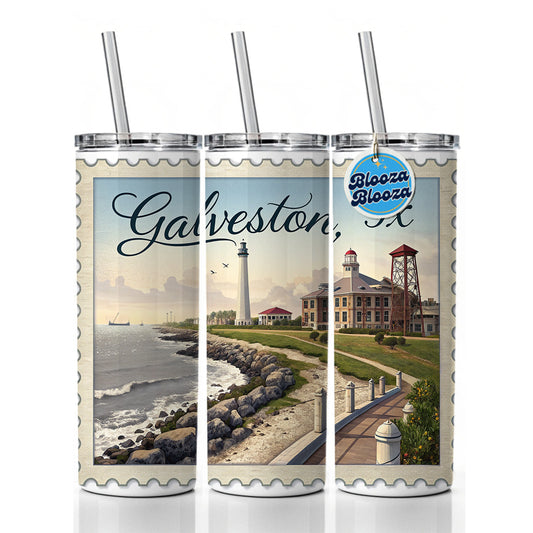 Galveston, Texas TX Travel City State Stamp Skinny Tumbler 20oz with Straw Insulated Water Bottle Gift