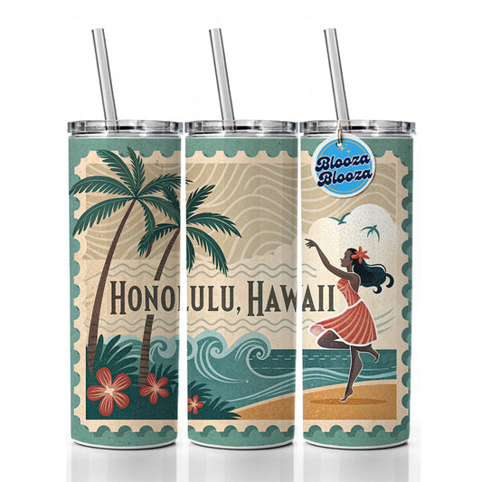 Honolulu, Hawaii HI Travel City State Stamp Skinny Tumbler 20oz with Straw Insulated Water Bottle Gift