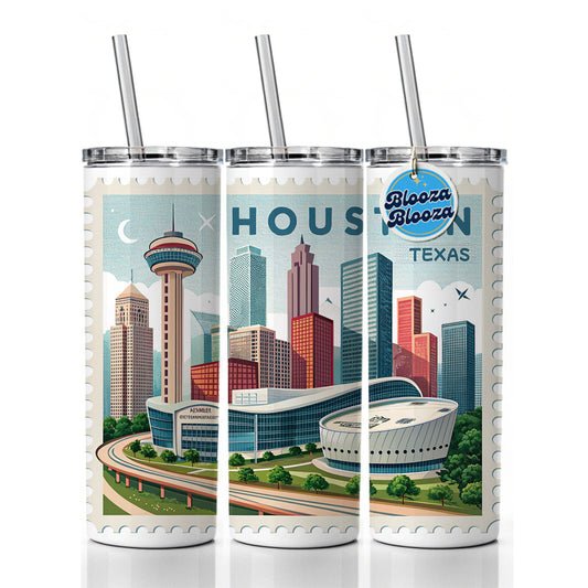 Houston, Texas TX Travel City State Stamp Skinny Tumbler 20oz with Straw Insulated Water Bottle Gift