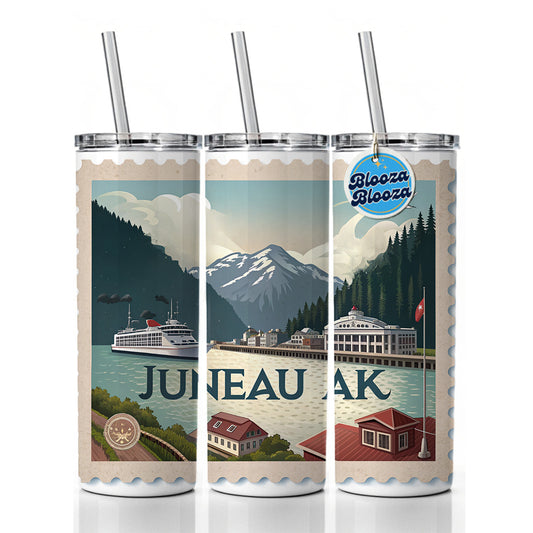 Juneau, Alaska AK Travel City State Stamp Skinny Tumbler 20oz with Straw Insulated Water Bottle Gift