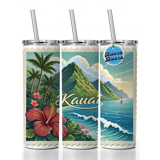 Kaua'i, Hawaii HI Travel City State Stamp Skinny Tumbler 20oz with Straw Insulated Water Bottle Gift
