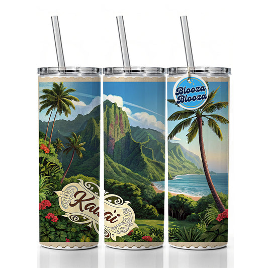 Kaua'i, Hawaii Hi Tropical Travel City State Stamp Skinny Tumbler 20oz with Straw Insulated Water Bottle Gift