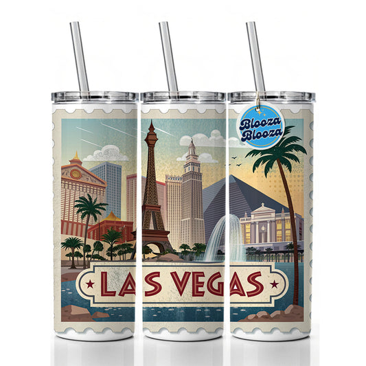 Las Vegas, Nevada NV Travel City State Stamp Skinny Tumbler 20oz with Straw Insulated Water Bottle Gift