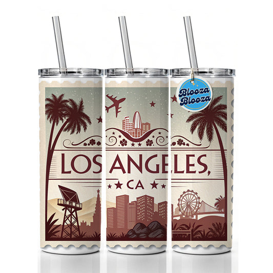 Los Angeles, California CA Travel City State Stamp Skinny Tumbler 20oz with Straw Insulated Water Bottle Gift