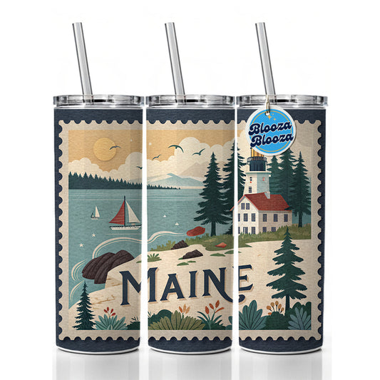 Maine ME Travel City State Stamp Skinny Tumbler 20oz with Straw Insulated Water Bottle Gift