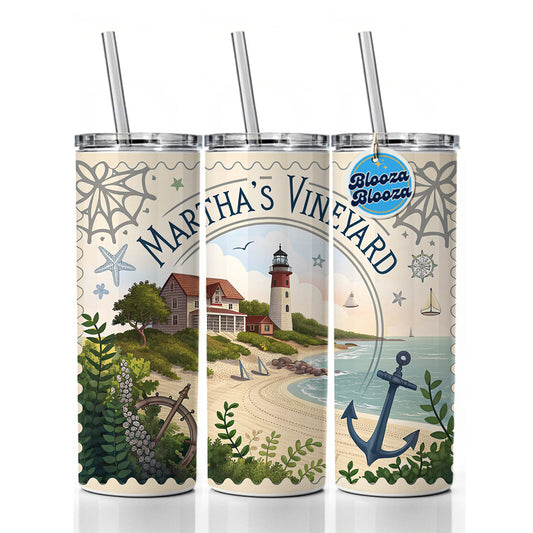 Martha's Vineyard, Massachusetts MA Travel City State Stamp Skinny Tumbler 20oz with Straw Insulated Water Bottle Gift