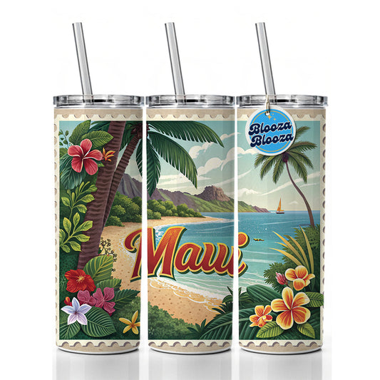 Maui, Hawaii HI Tropical Travel City State Stamp Skinny Tumbler 20oz with Straw Insulated Water Bottle Gift